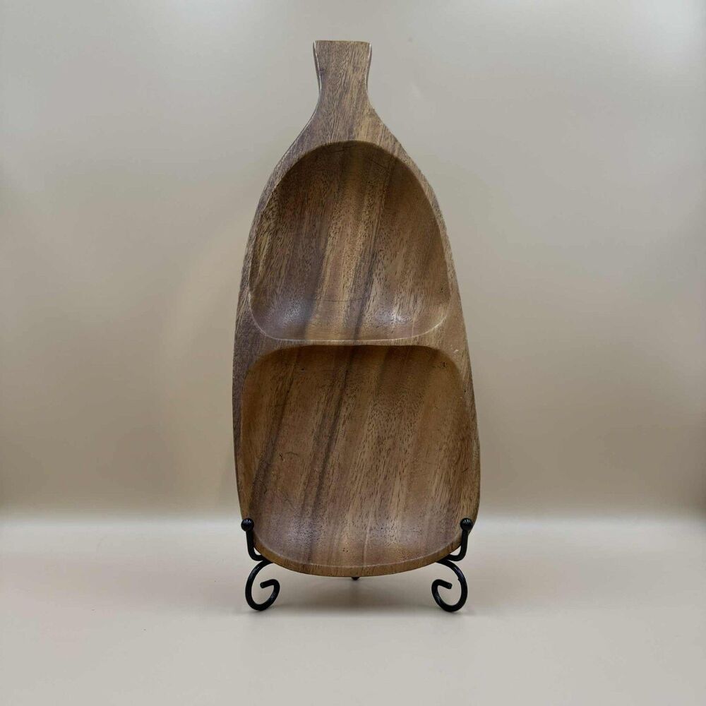 Vintage Hand Carved Monkey Pod Divided Dish 13" Bottle Shape Mid Century Tiki
